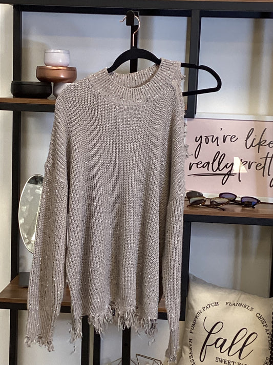 Main Strip Cold Shoulder Beige Dotted Sweater